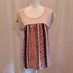 Xhilaration Tan and Pink Patchwork Scoop Neck Cap Sleeve Blouse Sz XL in EUC